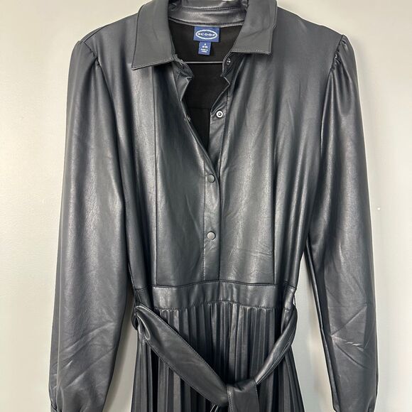 Nwt Scoop Womens Black Soft Faux Leather LS Pleated Midi Dress Size Small (4-6) - Picture 2 of 6